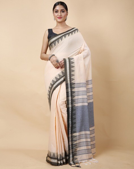 Shop Cream Gadhwal Silk Saree Online in USA |Yellow Black Zari Border –  Pure Elegance