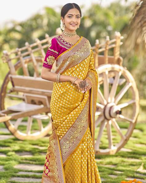 Punch Yellow Banarasi Saree with Kachhi,Mirror and Diamond Work – MySilkLove