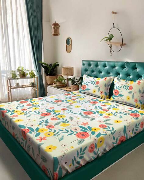 KLOTTHE 250 TC Floral Print Bedsheet with Pillow Cover Set
