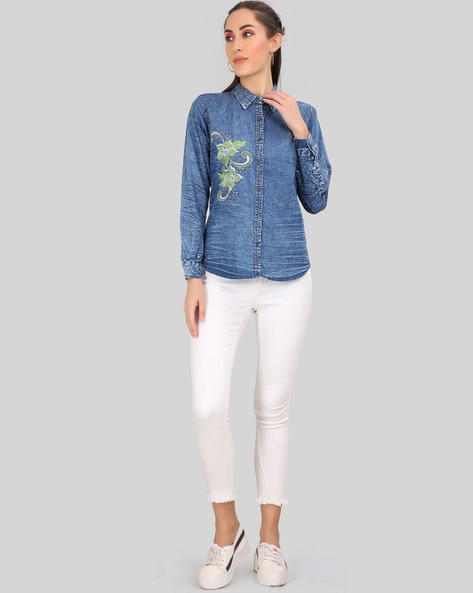 Mid Blue Floral Embroidered Balloon Sleeves Casual Denim Shirt |  ADFY-PEDT-008 | Cilory.com