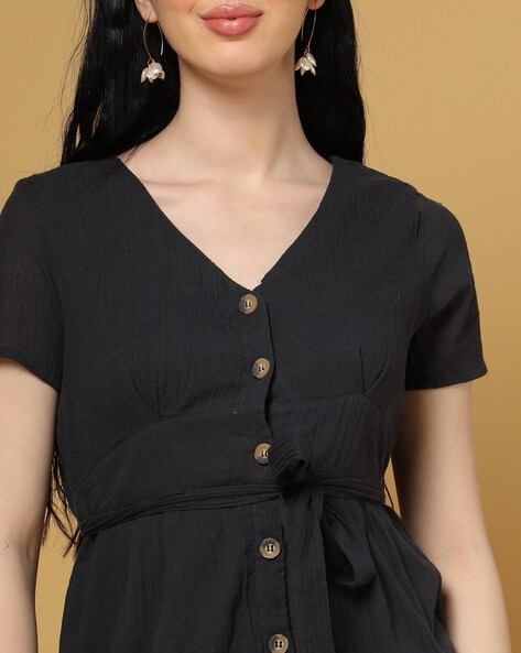 Button front v sales neck dress