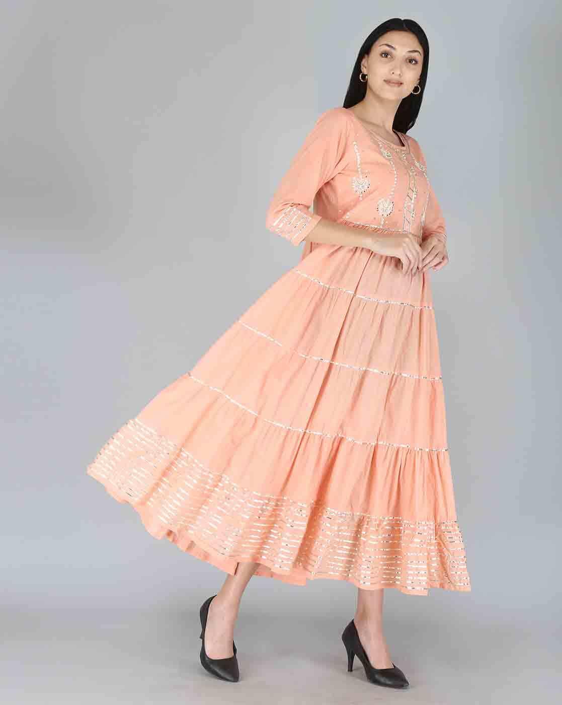 Pretty Peach Long Frock With Cut Work Dupatta – Siri Collections