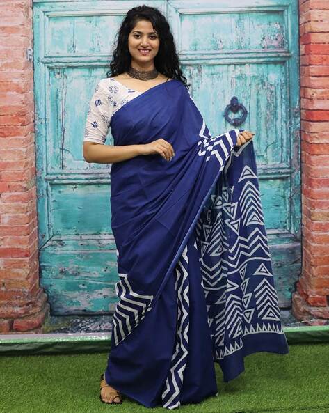 MyIndianBrand Bagru Cotton Saree with Kapas Blockprint (Indigo)