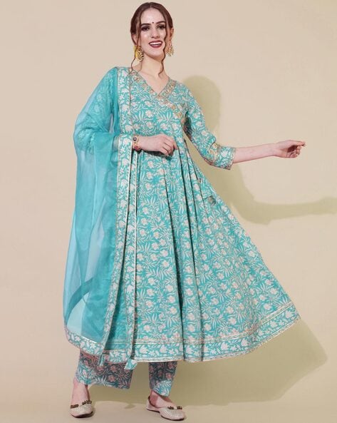 Floral Print Flared Kurta with Palazzos & Dupatta