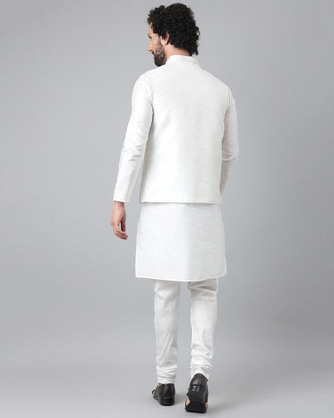 White Color Cotton Kurta Pajama With Nehru Jacket 993MW59