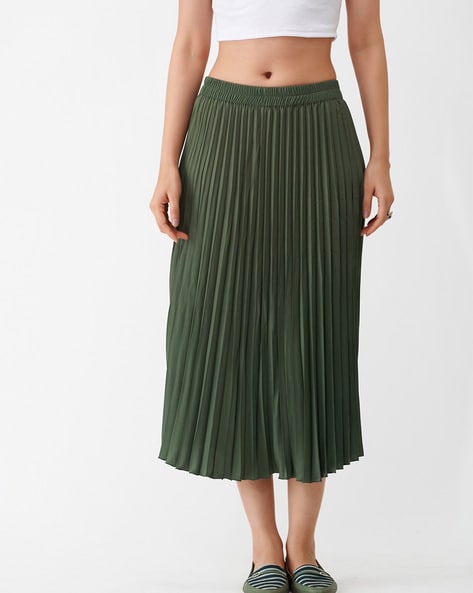 Green pleated 2025 flared skirt