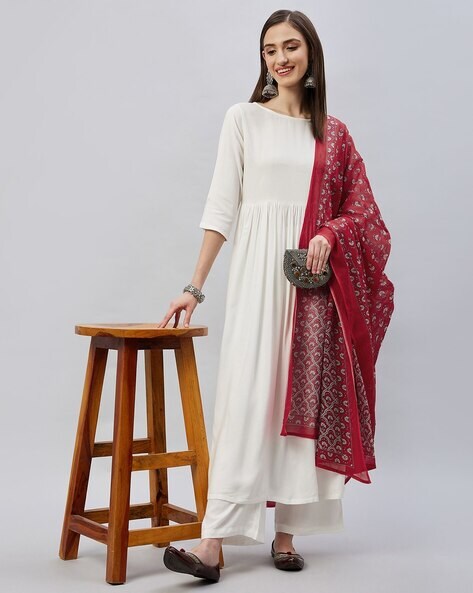 White Anarkali Gown with Dupatta - Shafalie's Fashions