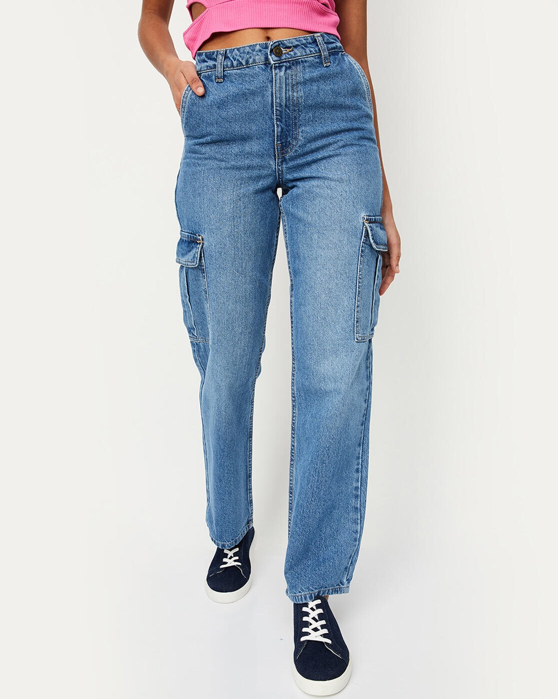 WOMEN LATEST STRAIGHT FIT WIDE LEG CARGO TROUSERS BY SKT| SOLID HIGH-RISE  CARGO JEANS | 6 POCKET WIDE LEG DENIMS | 80'S ROCKER-CHIC INSPIRED CARGO  PANTS | SIT ABOVE | NON-STRETCH FIT