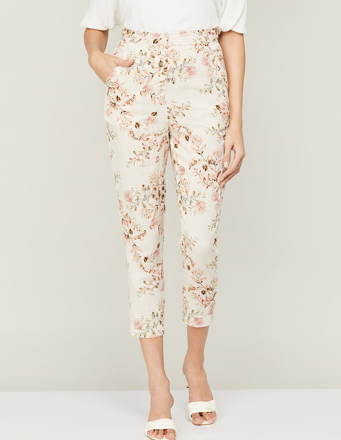 Buy Beige Floral Printed Pants Online - W for Woman