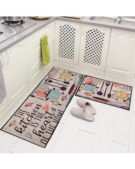 AAZEEM Set of 2 Typographic Print Anti-Skid Mat & Runner