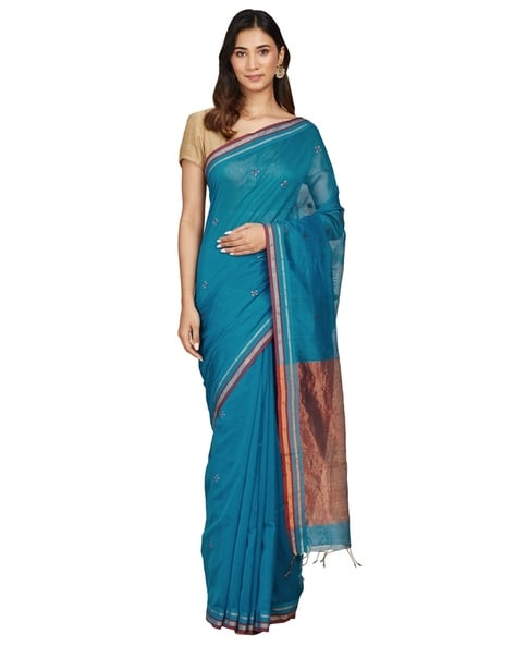 Buy Blue Cotton Silk Hand Block Printed Sari for Women Online at Fabindia |  20110827