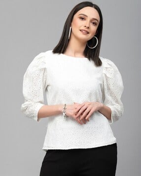 style quotient Round-Neck Top with Puff Sleeves-picture-16