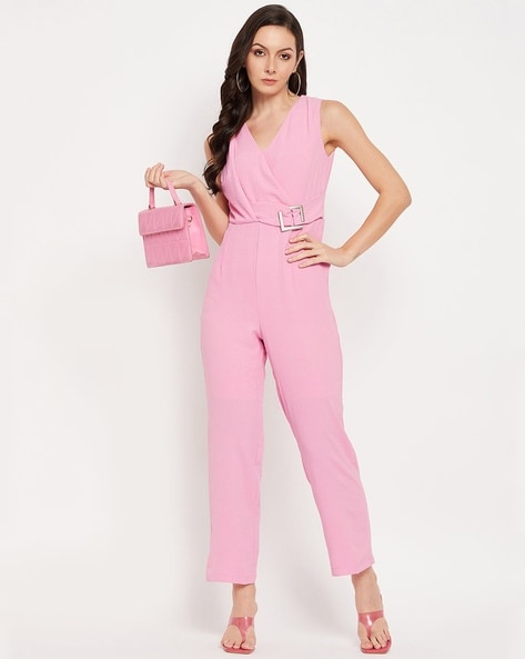 Pink Front Breasted Girdle Buttoned Latex Waist Jumpsuit Woman