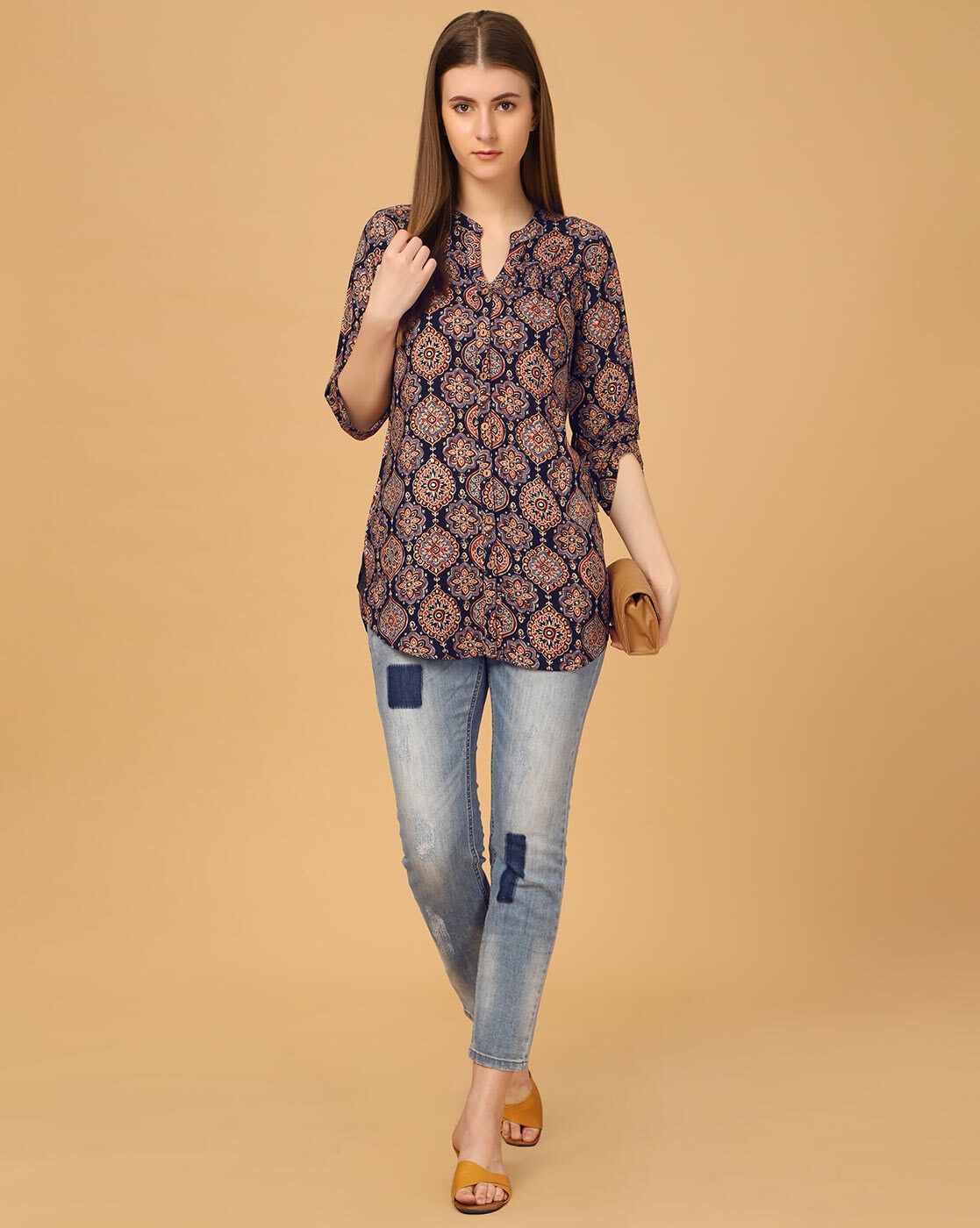 Printed Tunic with Mandarin Collar