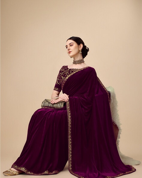 NEW DESIGNER PARTY WEAR MAROON VELVET SAREE at Rs.1399/Piece in surat offer  by kala boutique creation