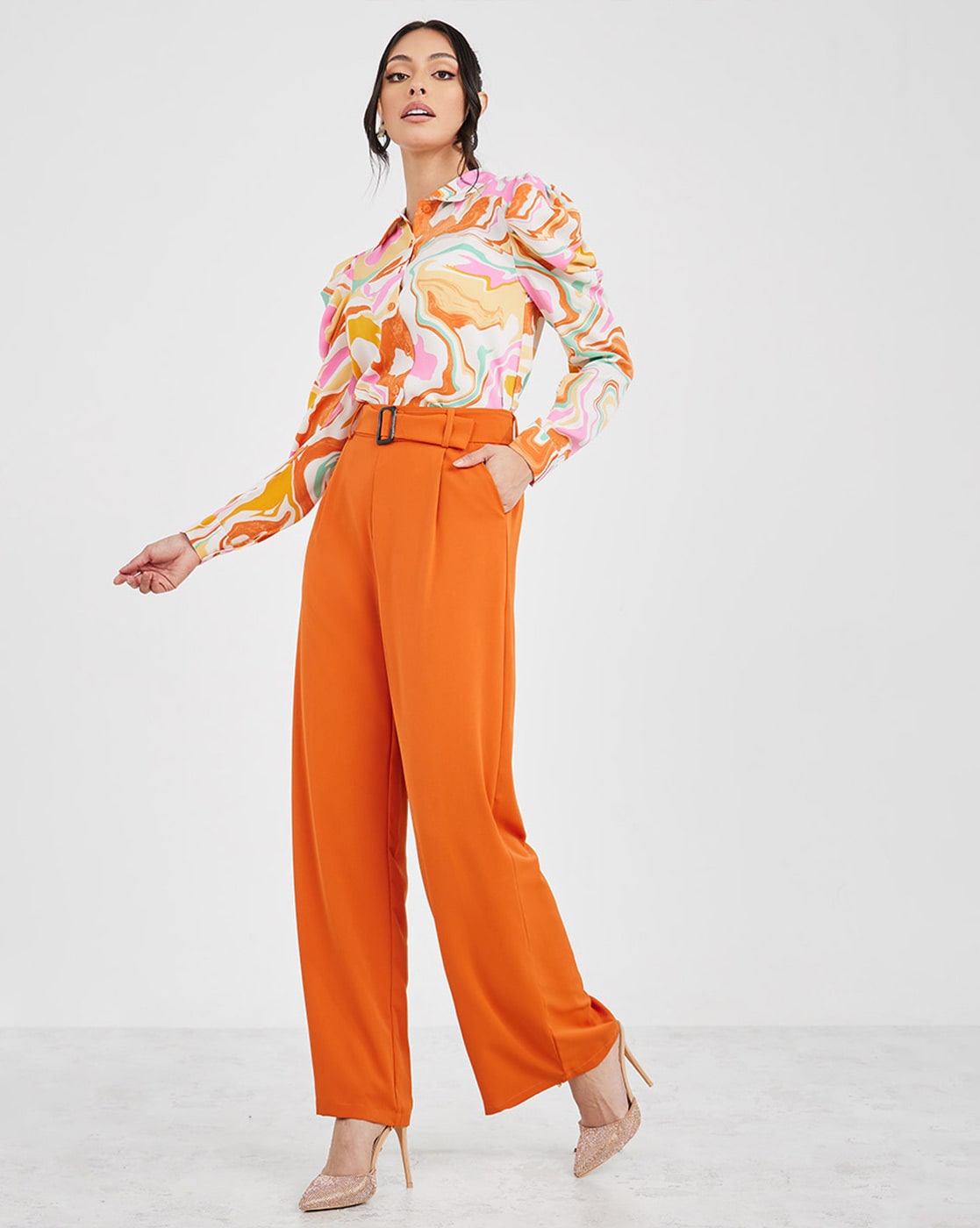 Orange Summer Embroidered Blouse and Wide Legs Trousers 