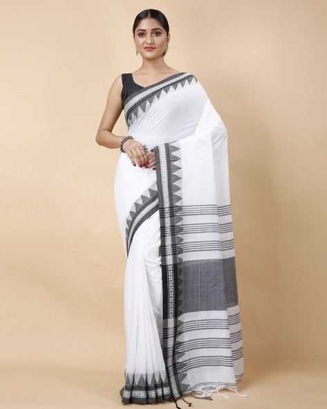 White Cotton Saree with Black Border & Woven Design | cotton saree online –  Thearyavart