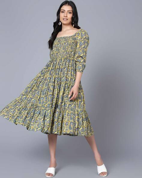 Buy HAUTE CURRY Printed Cotton Blend Boat Neck Women's Ethnic Dress |  Shoppers Stop