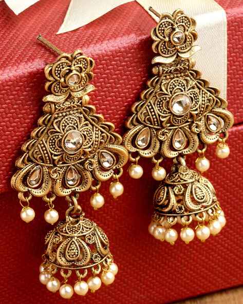 GOLDEN KUNDAN ANTIQUE LOOK JHUMKA'S – Sanvi Jewels