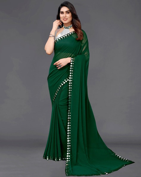 Women Dark Green Solid Georgette Saree with Mirror Work Border -  HA_VASTRA_DGRN