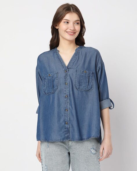 Buy ALL DECKED UP DEEP BLUE DENIM SHIRT for Women Online in India