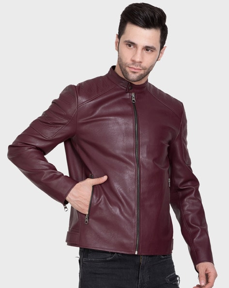 Maroon biker clearance jacket mens