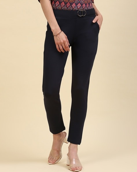 Buy Women Navy Blue Slim Fit Trouser Online in India - Monte Carlo