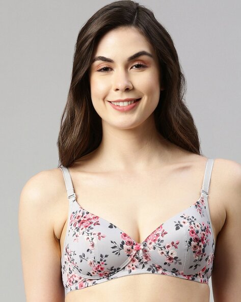 Floral Print Underwired Padded T-shirt Bra with Adjustable Straps