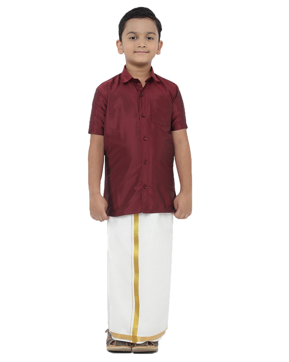 South Indian Kids Dhoti & Shirt With Mundu, 3 Piece Set- Design# B-Yel