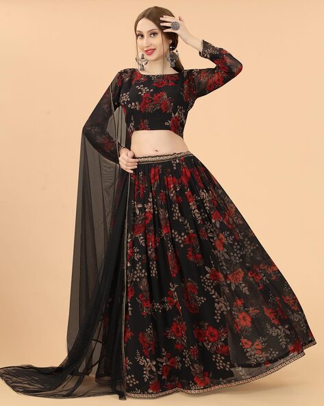 Lehenga Choli : Black net metallic foil printed party wear ...