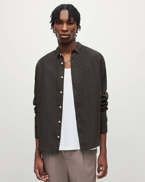 Buy ALL SAINTS Cypress Linen Relaxed Fit Shirt | Black Color Men