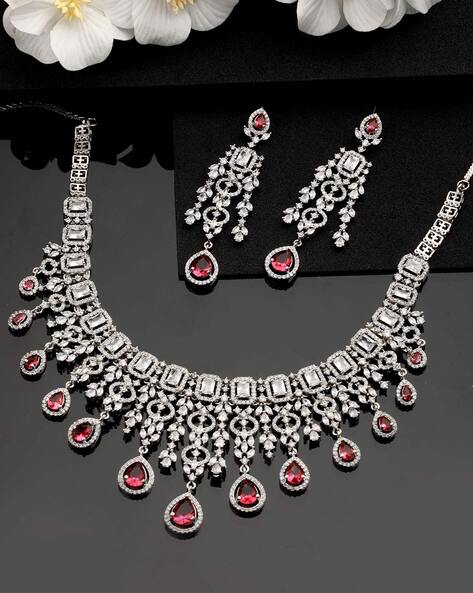 Attractive Ruby Red American Diamond Necklace set with Earring for Women at  Rs 1130/set | American Diamond Necklace in Mumbai | ID: 2850760056773