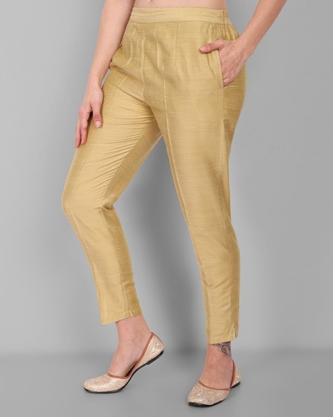 Womens Golden  Beige Regular Fit Woven Design Cropped Regular Trouse   Trendia