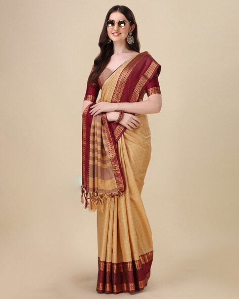 Adorable Embroidered Chanderi Silk Beige Saree With Red Border