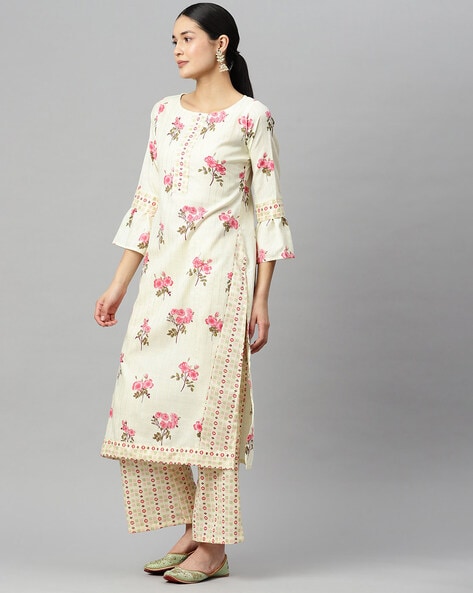 Shop Priya Chaudhary Women Pink Cotton Embroidered Round Neck Straight Kurta  with Palazzo for Women Online 39602137