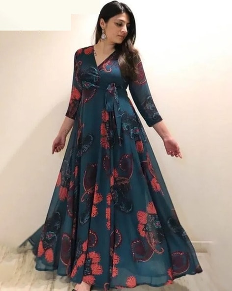 Floor Length Half Sleeve V Neck Maxi Dress