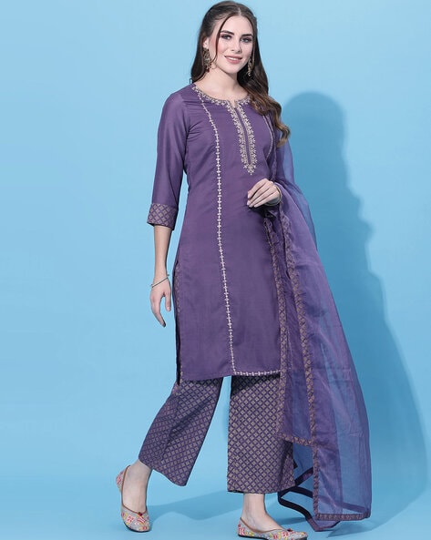 Purple Pure Silk Suit with Hand Embroidered Dupatta – WeaverStory