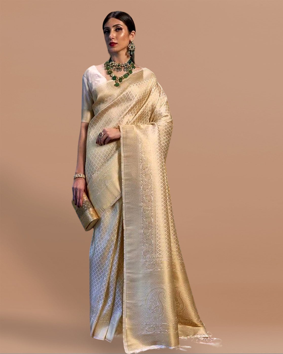 Urja' Off-white Pure Katan Silk Tissue Jangla Banarasi Handloom Saree -  Tilfi