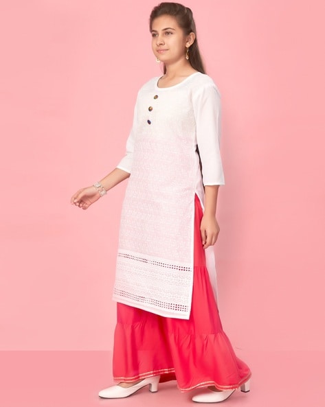 Anarkali style Cotton fabric Off White color Kurti with Thread & Sequence  work