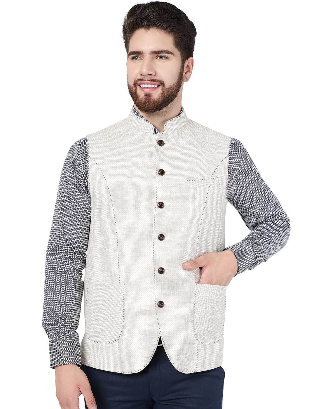 Wintage Men's Banarsi Rayon Cotton Bandhgala Jodhpuri Festive Nehru Modi  Jacket Bandi Waistcoat : Cream