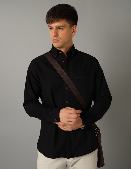 Mens black button down collar sales shirt