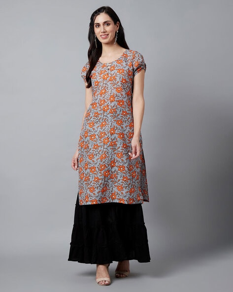 Aks Floral Print Straight Kurta