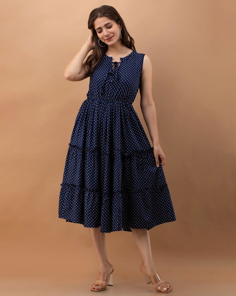 Polka-Dot Tiered Dress with Neck Tie-Up
