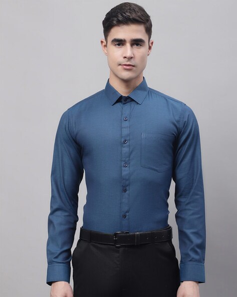 Buy Men Blue Regular Fit Formal Full Sleeves Formal Shirt Online