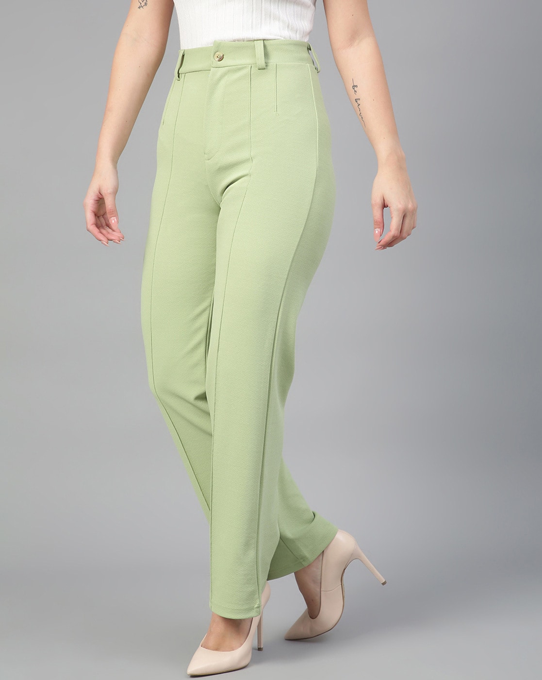Wide-leg Twill Pants - Light green/white checked - Ladies | H&M US