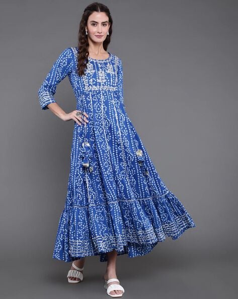 Flower Printed Long Sleeved Dress This Bandhani Printed Georgotte Maxi is  Designed With Fully Flare Attractive Casual Dress Wear for Women - Etsy