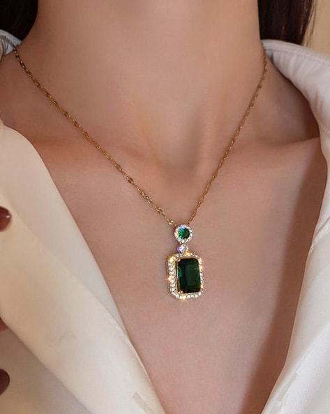 Vintage Emerald Necklace 18K Gold Faux Diamond Accent - Gem