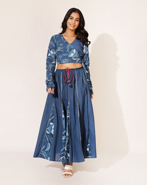 Floral Print Wrap-Style Crop Top with Pants
