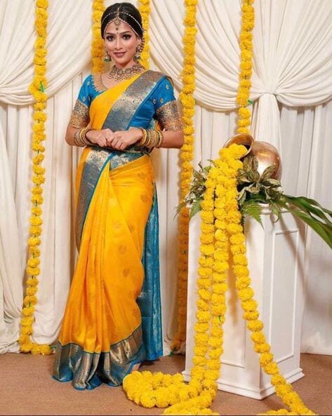 Warp Work Cotton Silk Yellow Wedding Saree - directcreate.com