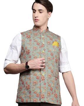 manyavar Floral Print Nehru jacket with Welt Pockets-picture-26